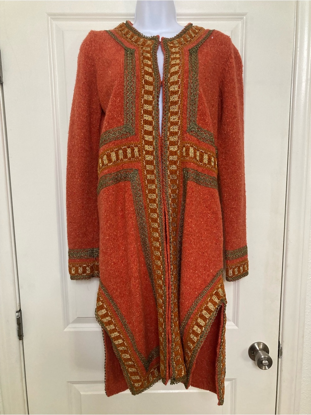 Anna Sui Cardigan Sweater Orange Embroidered Knee Length Size S Boho Artsy